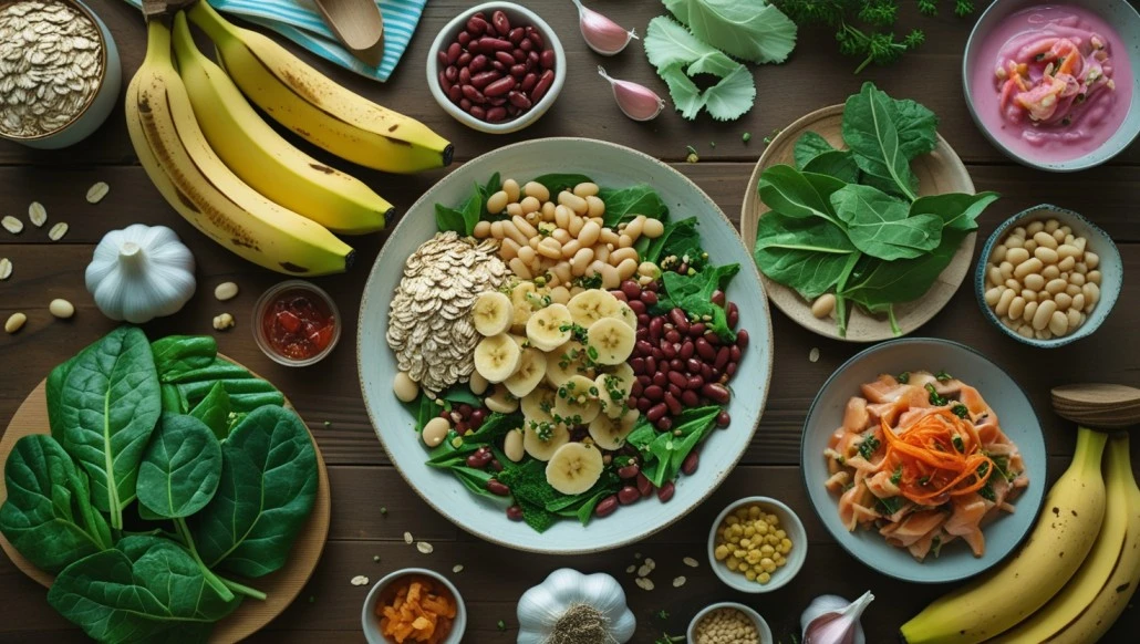 Rainbow of colorful fruits and vegetables rich in phytonutrients