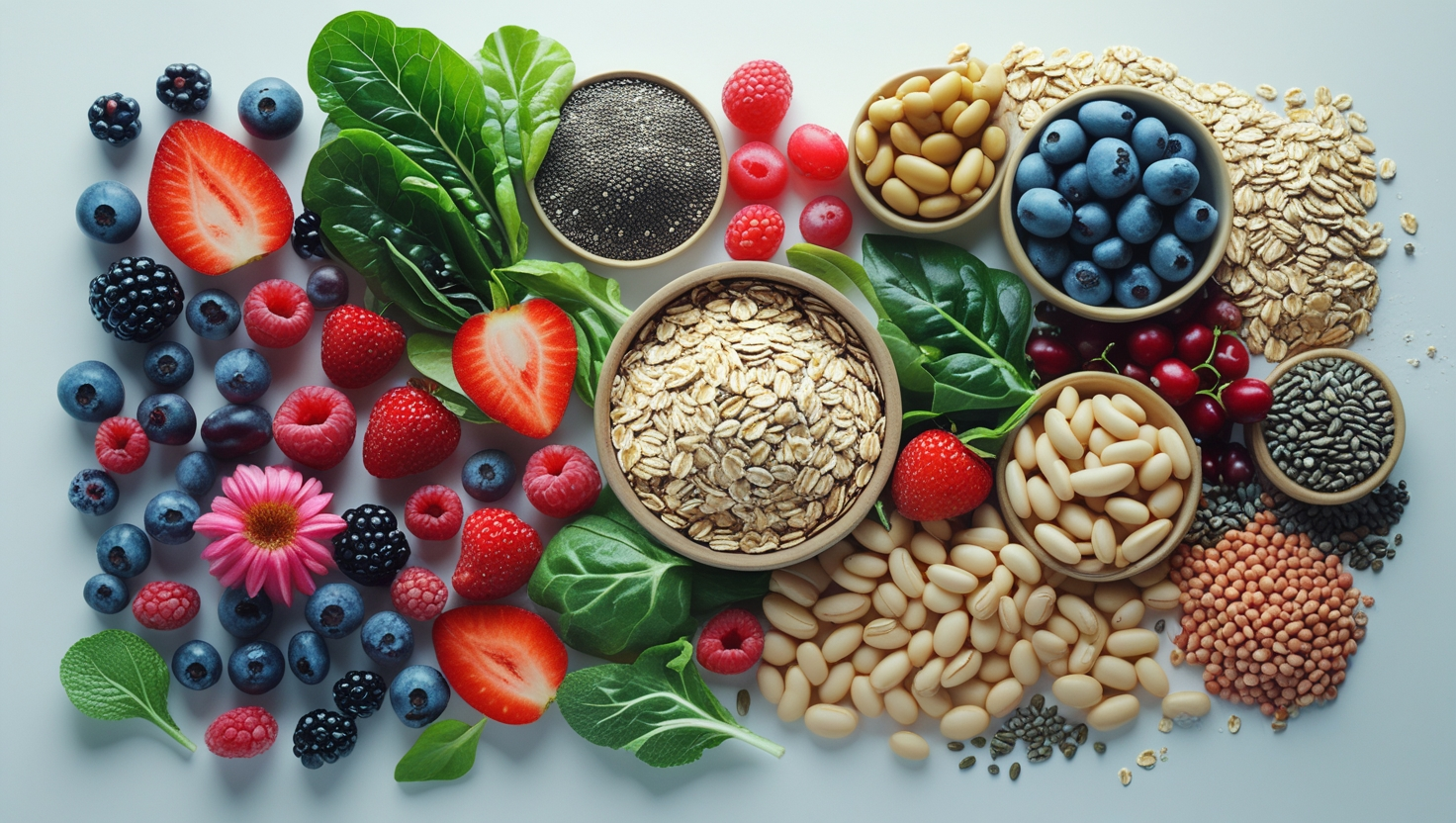 Variety of fiber-rich foods including berries, oats, and seeds