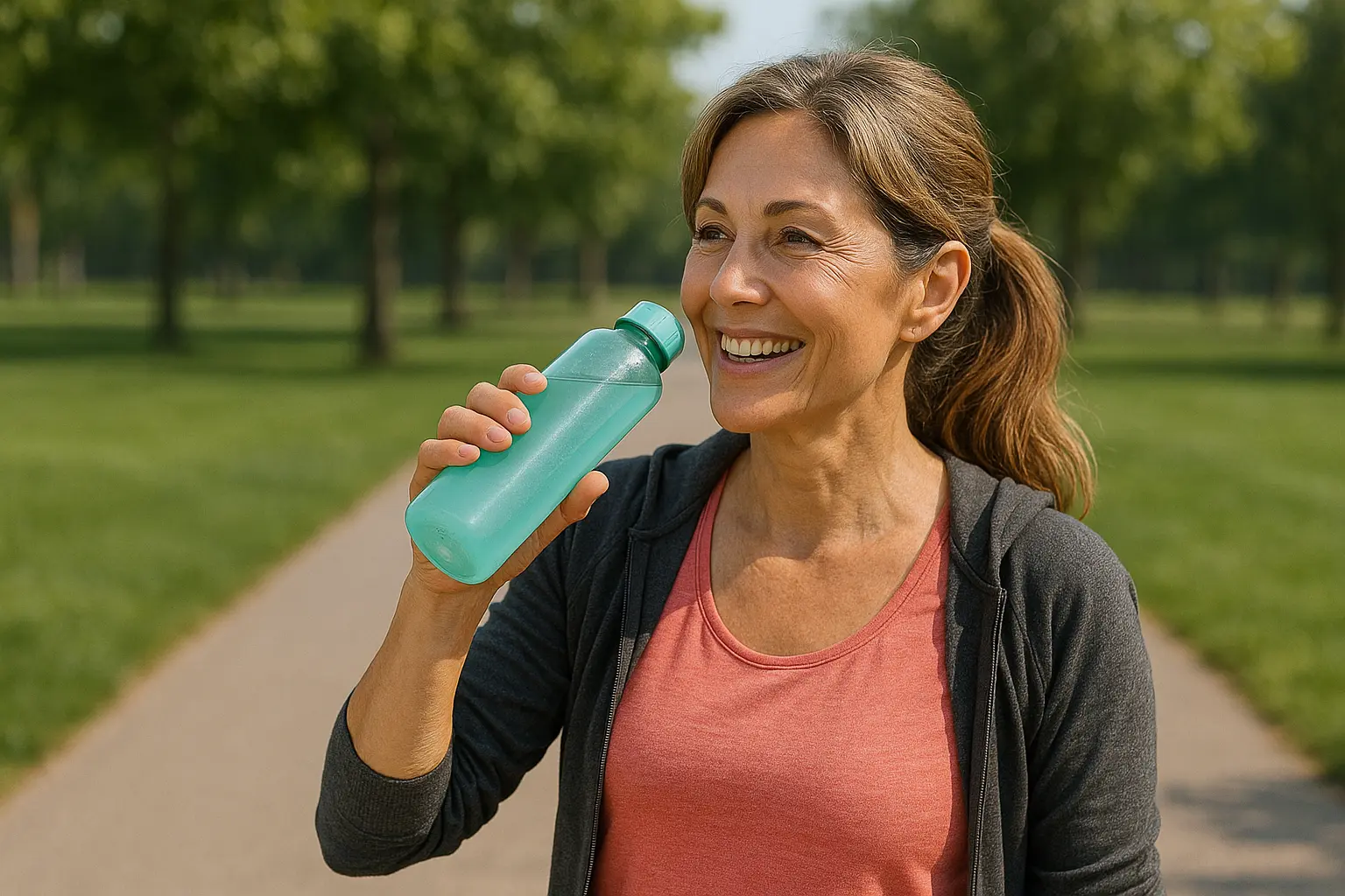 Woman drinking water from bottle during exercise