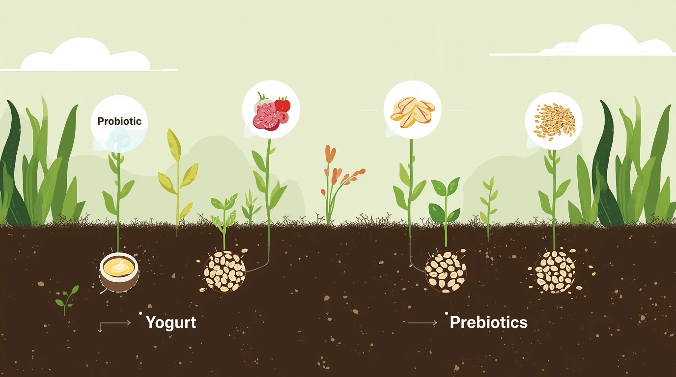 Various probiotic-rich foods including yogurt, kefir, and fermented vegetables