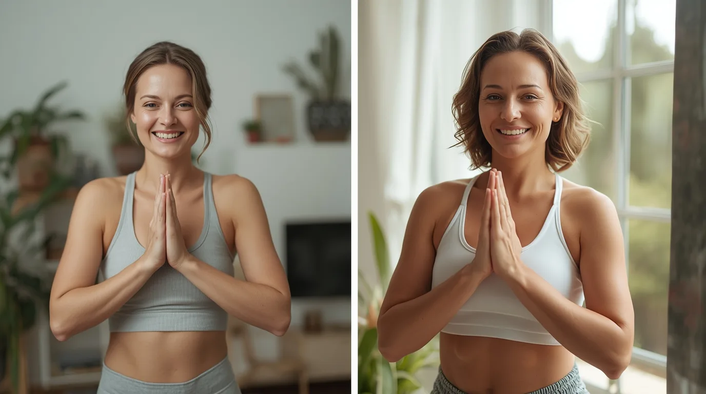 Healthy lifestyle elements including meditation, exercise, and nutritious food