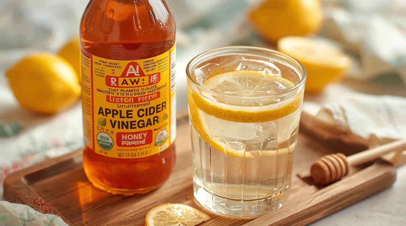 Apple cider vinegar bottle and glass